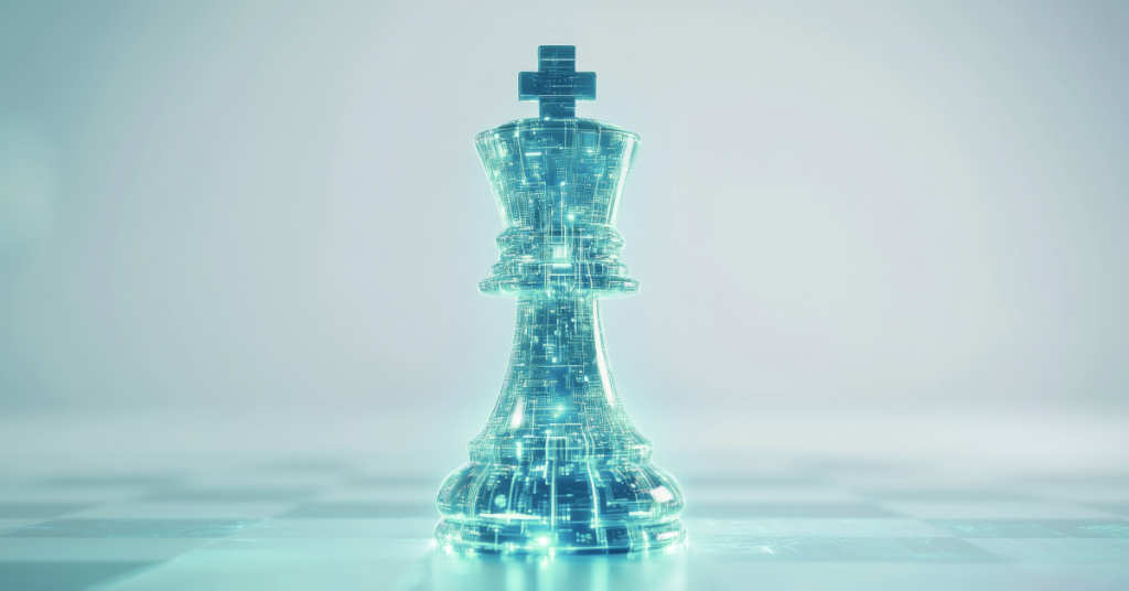 A glowing digital chess king piece standing on a chessboard, symbolizing strategy and technology integration.